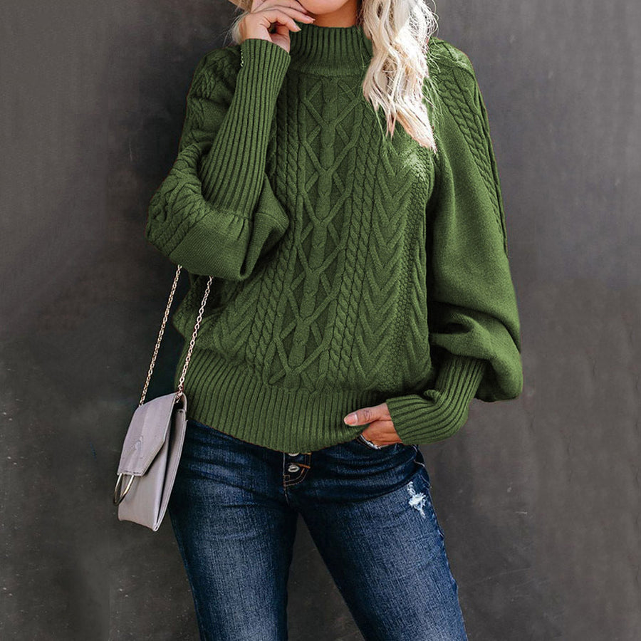 Damen Grobstrickpullover mit Stehkragen und Ballonärmeln