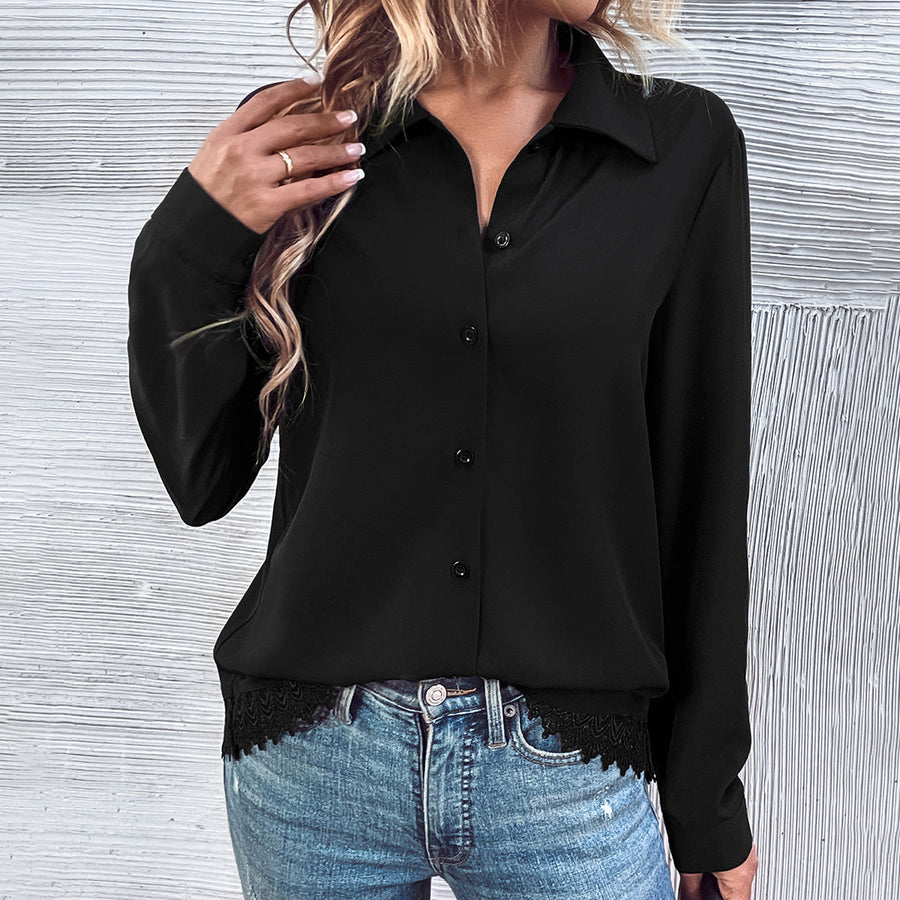 Damen elegante Bluse mit Spitze und Knopfleiste