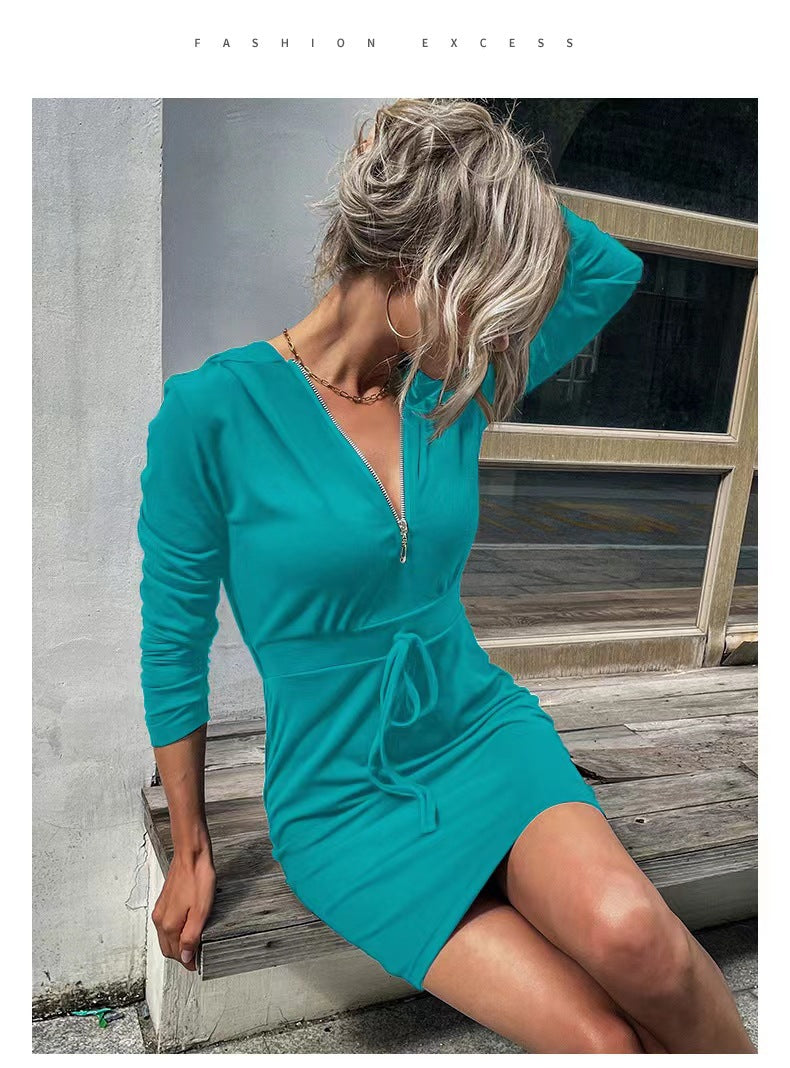 Damen sportliches Kleid mit Reißverschluss und regulierbarem Gürtel