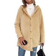Damen flauschige Übergangsjacke mit Kapuze und Knopfverschluss