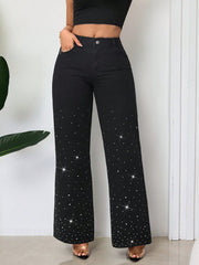 Damen High-Waist Jeans mit funkelndem Strassbesatz und weitem Schnitt