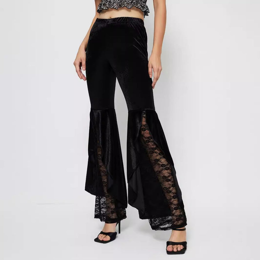 Damen elegante High-Waist Palazzo-Hose mit transparenten Spitzen-Einsätzen