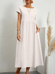 Damen Midi-Kleid mit Ballonärmeln und praktischen Taschen