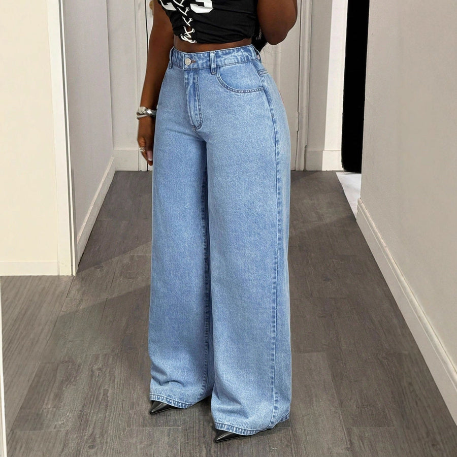 Damen High-Waist Wide-Leg Jeans mit statement Print