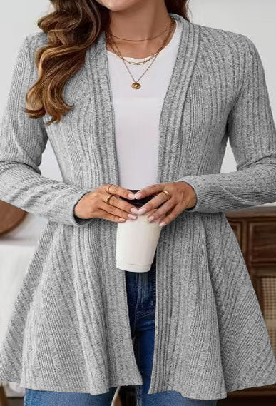 Damen lange Strickjacke mit modernem Rippdesign und Taillierung