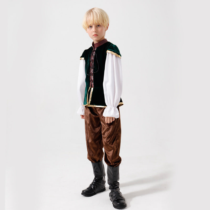 Unisex nan mittelalterliches Kinderkostüm Set mit Samtweste, geraffter Pluderhose und Renaissance-Details Drune