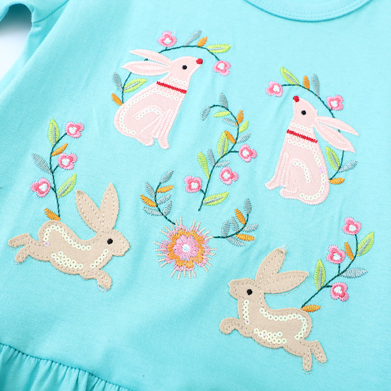 Mädchen Langarmkleid mit zauberhaften Hasen- und Blumenstickereien Drune