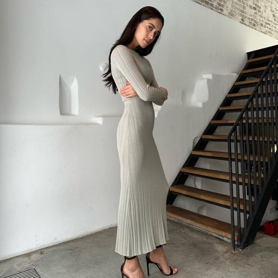 Damen Elegantes Rippstrick-Maxikleid mit langen Ärmeln und figurbetontem Schnitt