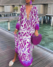 Elegantes Herbst Lockeres V-Ausschnitt Langarmkleid
