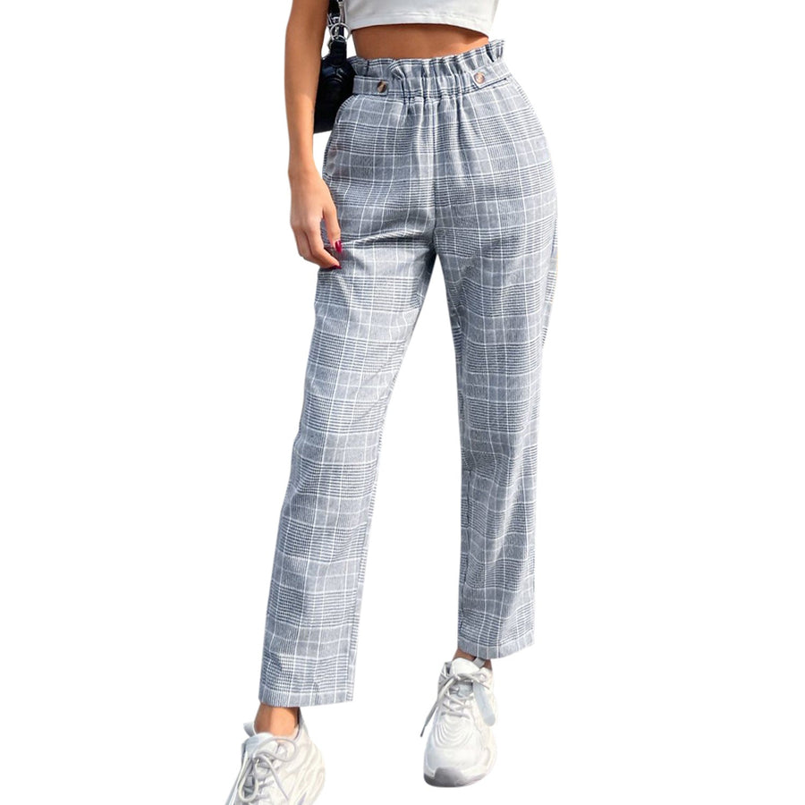 Damen elegante Karohose mit hohem Bund und seitlichen Knopfdetails