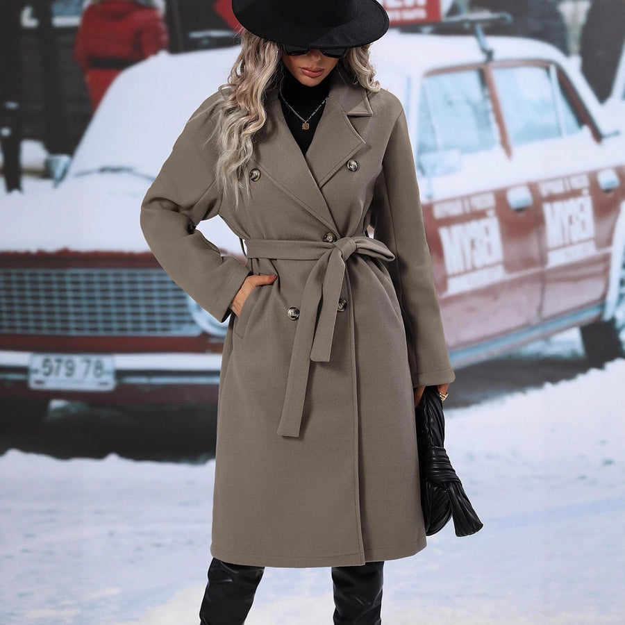Damen eleganter Oversized-Mantel mit doppelter Knopfleiste und schickem Gürtel