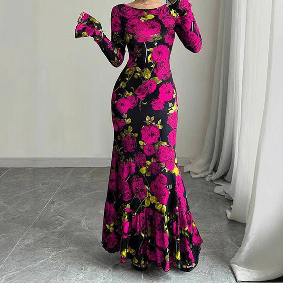 Damen Elegantes Maxikleid mit floralen Rüschendetails und langem Arm