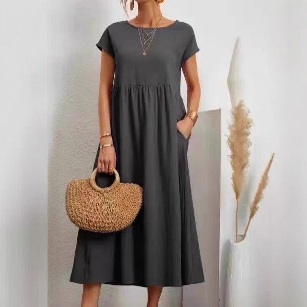 Damen Midi-Kleid mit Ballonärmeln und praktischen Taschen