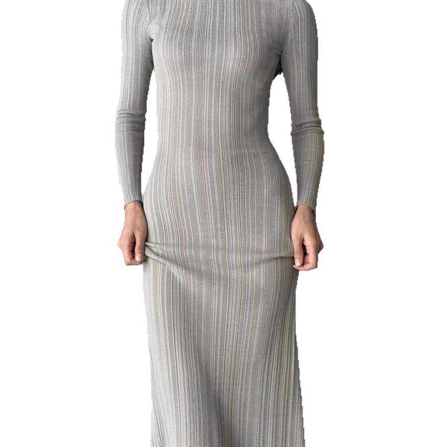 Damen Elegantes Rippstrick-Maxikleid mit langen Ärmeln und figurbetontem Schnitt