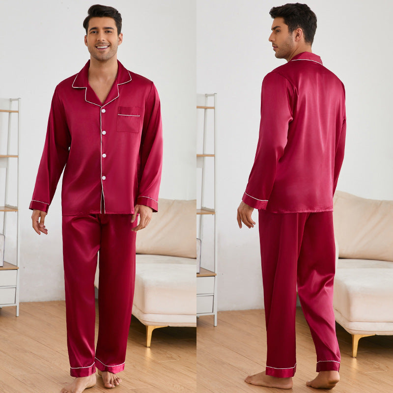 Herren Satin Schlafanzug-Set mit klassischem Kragen und eleganten Kontrastnähten Heidi-Mode