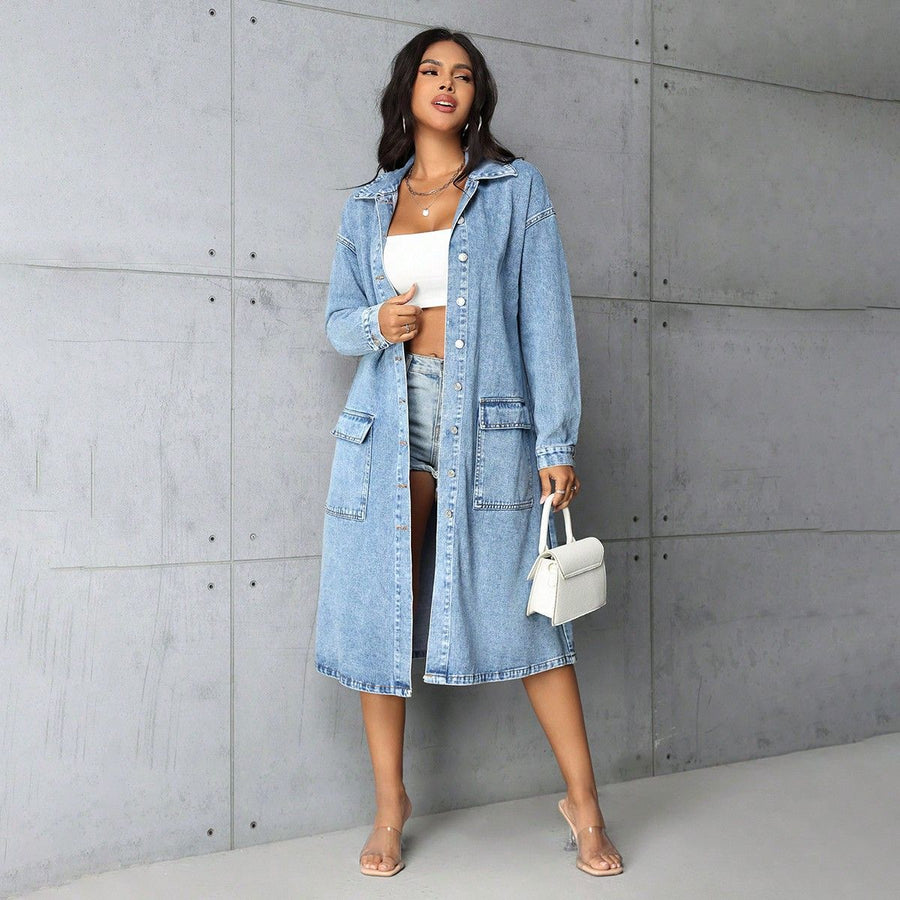 Damen Jeansjacke im長 Belichtungs-Vintage-Stil mit praktischen Taschen und Knopfleiste