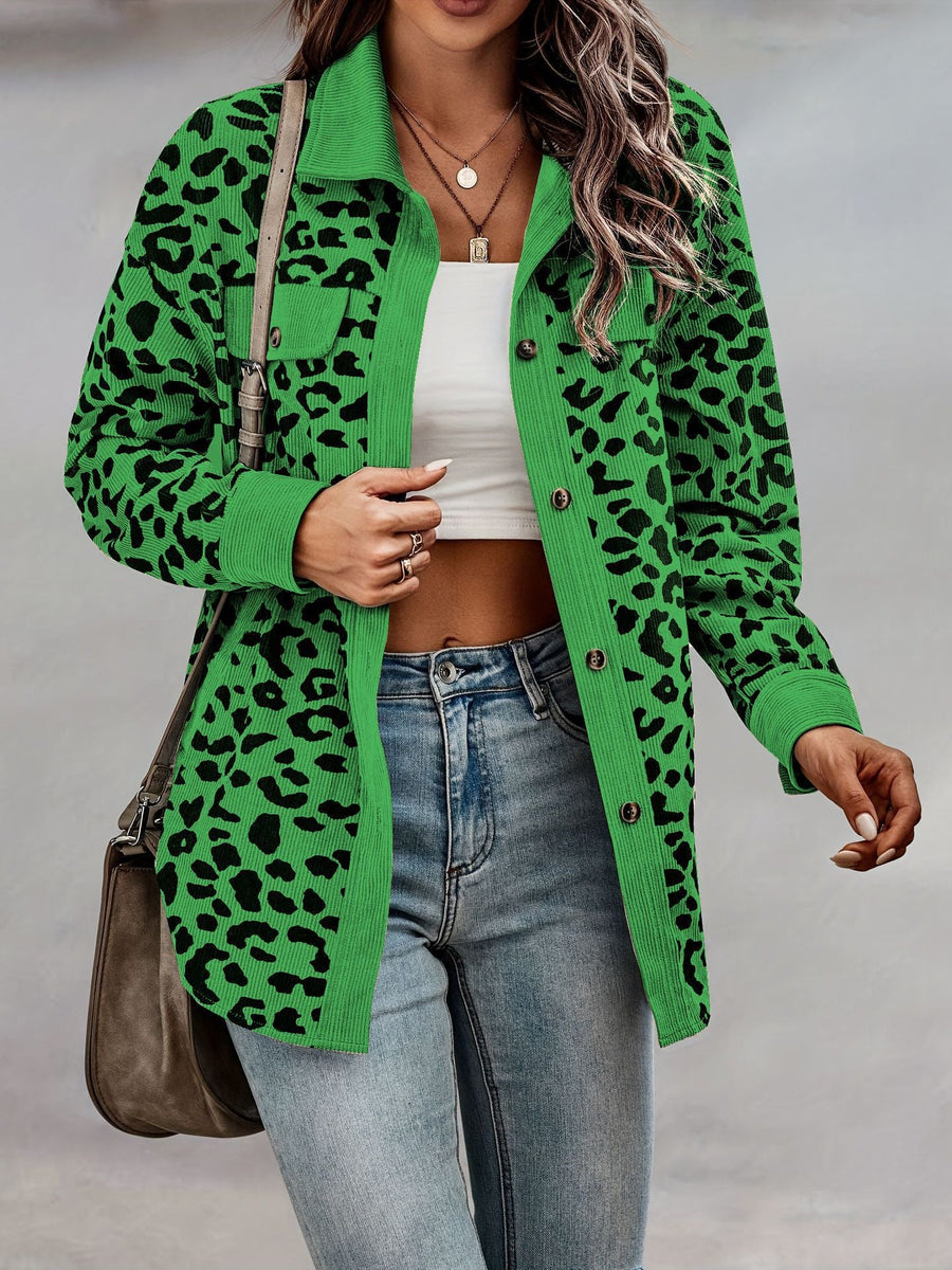 Damen Trendige Kordjacke mit Leo-Print und Brusttaschen