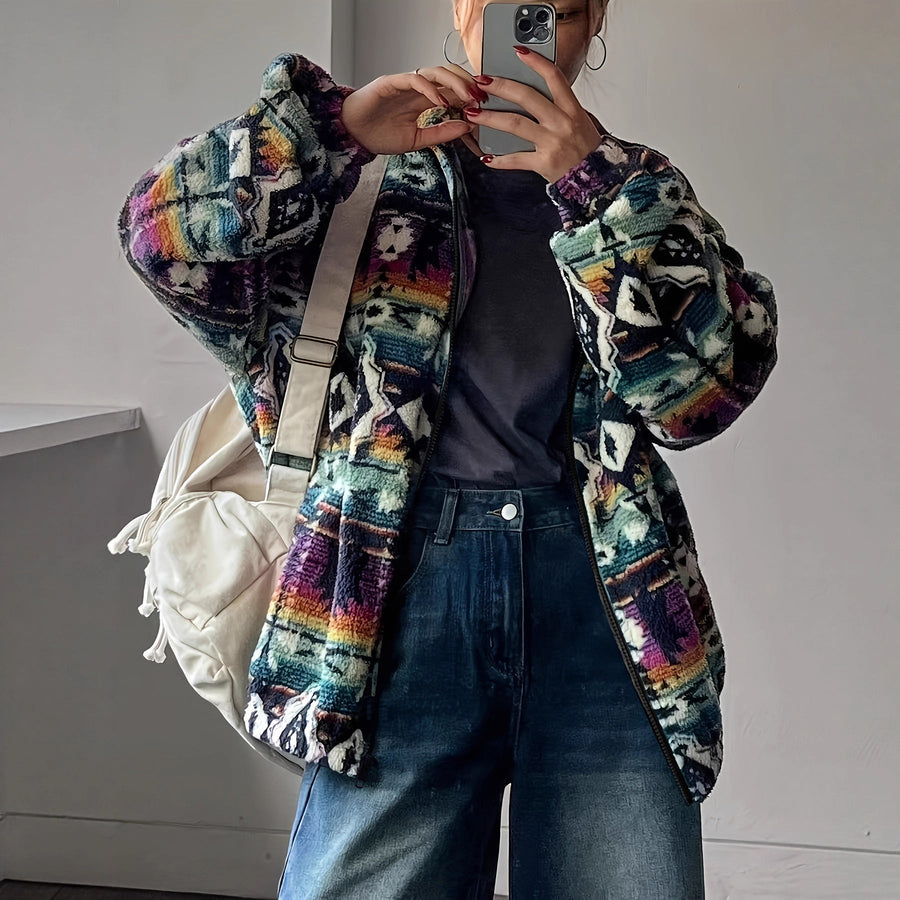 Damen Fleecejacke mit buntem Ethno-Muster und weichem Innenfutter