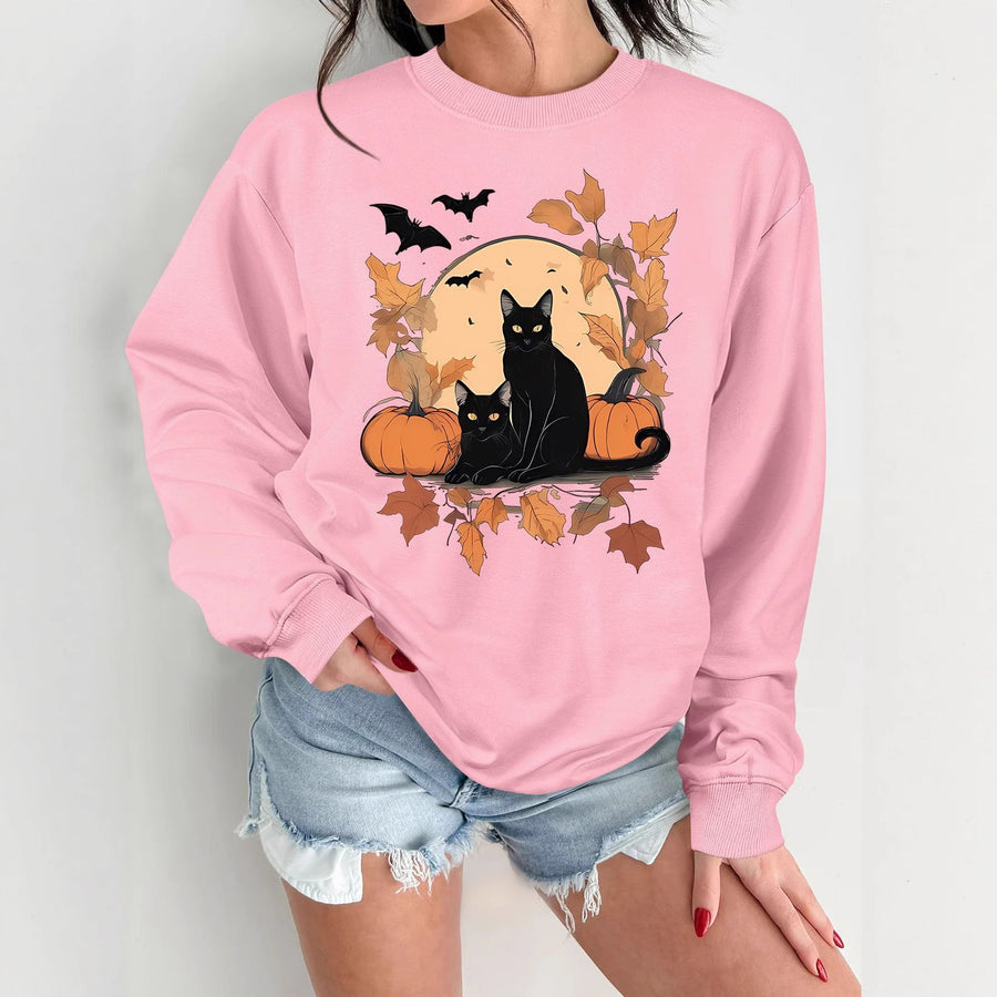Damen Sweatshirt mit herbstlichem Katzen- und Kürbisdesign