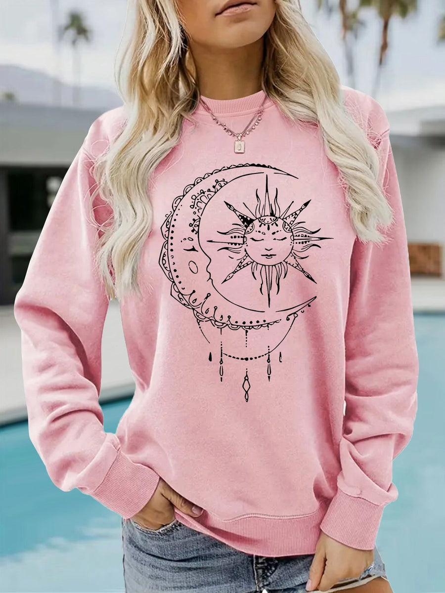 Damen Sweatshirt mit künstlerischem Sonnen- und Mondmotiv