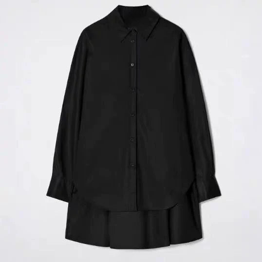 Schickes schwarzes Kleid mit Trompetenärmeln und Polo-Kragen für Damen