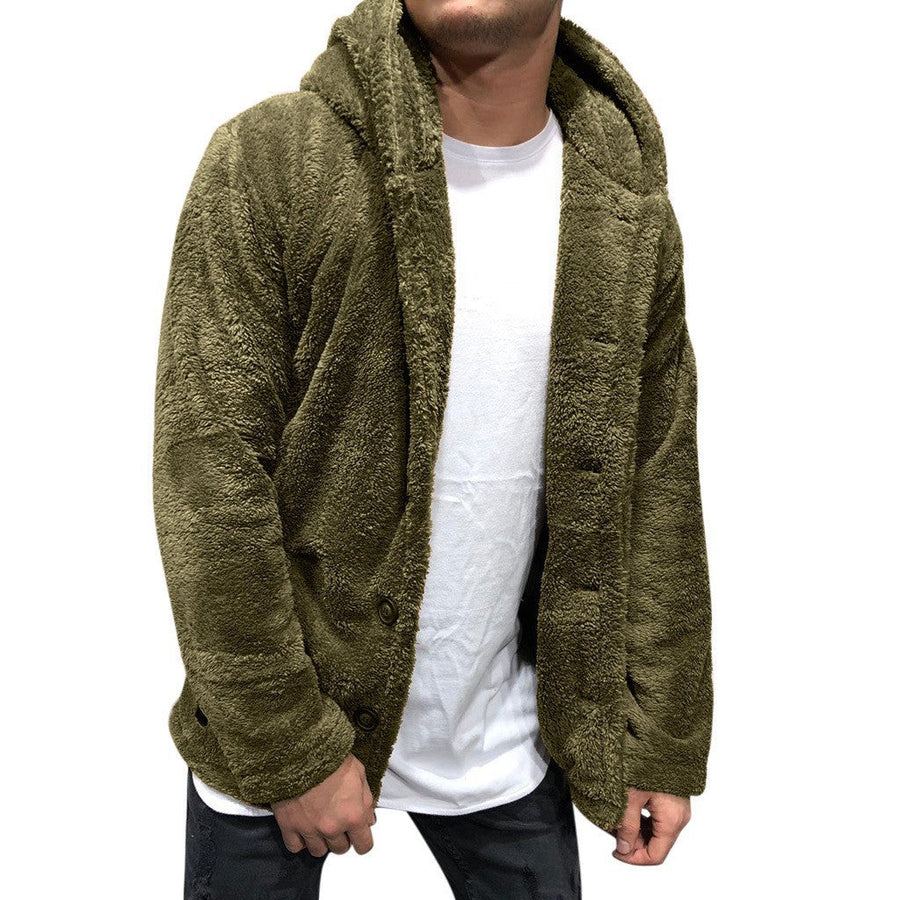 Herren kuschelige Fleecejacke mit praktischer Kapuze und Knopfverschluss Aliams