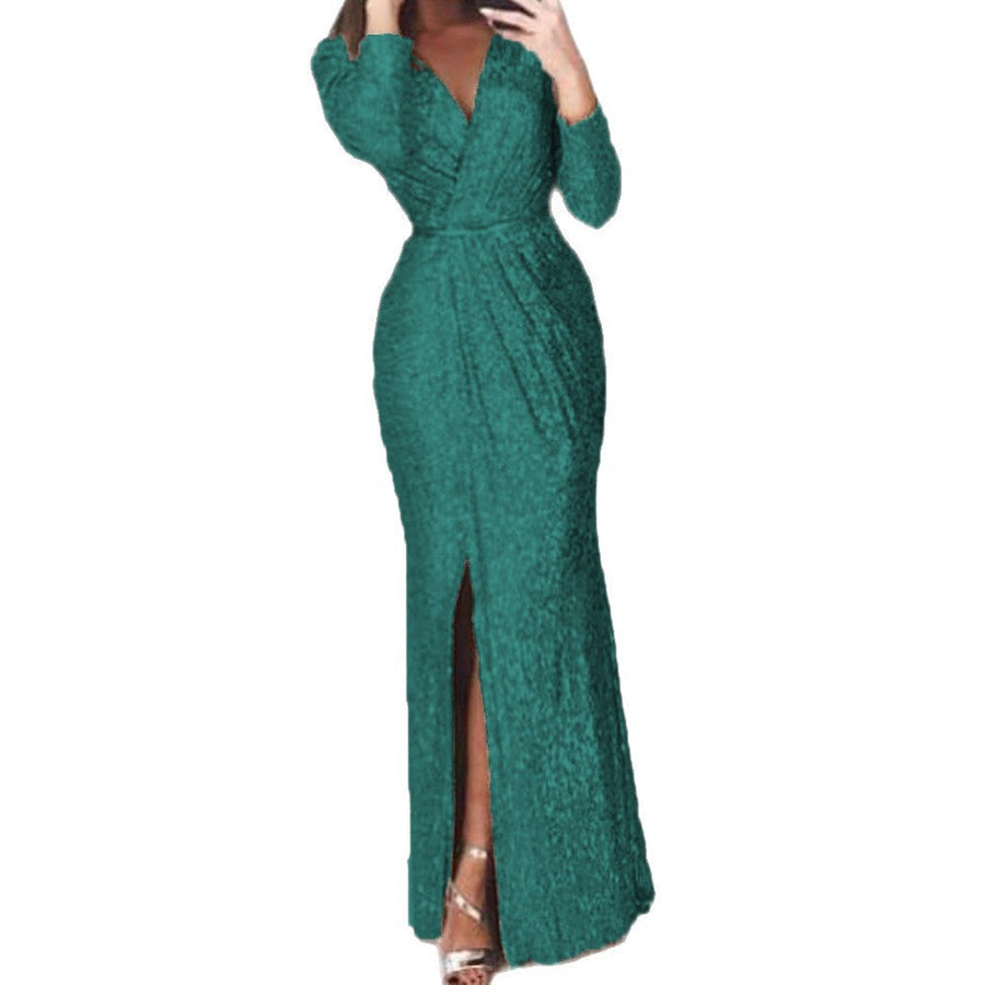 Damen langes Abendkleid mit elegantem Wickelschnitt und Schlitz