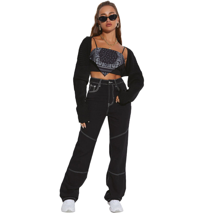 Damen breite High-Waist Jeans mit kontrastierenden Nähten und stilvollem Schnitt