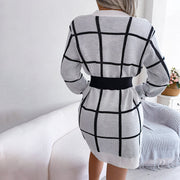 Warmes Kleid | Lockeres Strickkleid mit Karo-muster und langen Ärmeln für dich