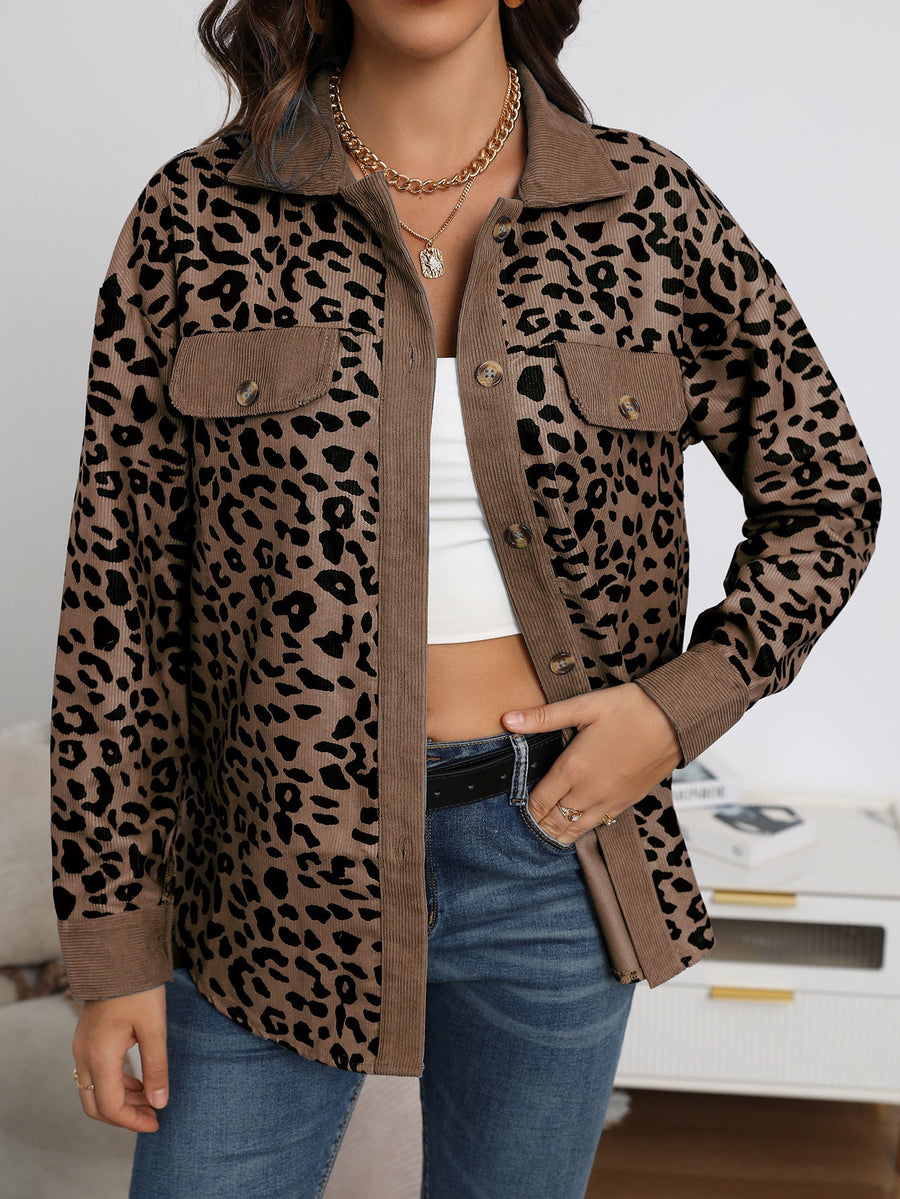 Damen Trendige Kordjacke mit Leo-Print und Brusttaschen
