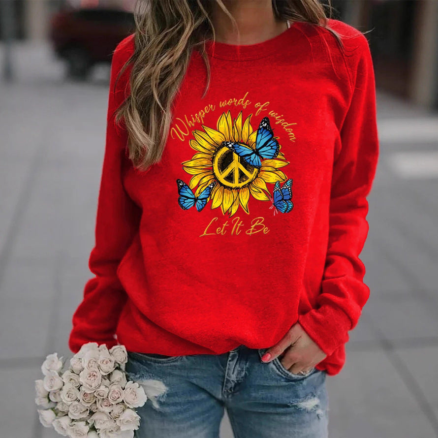 Damen Sweatshirt mit künstlerischem Sonnenblumen- und Schmetterlingsdesign