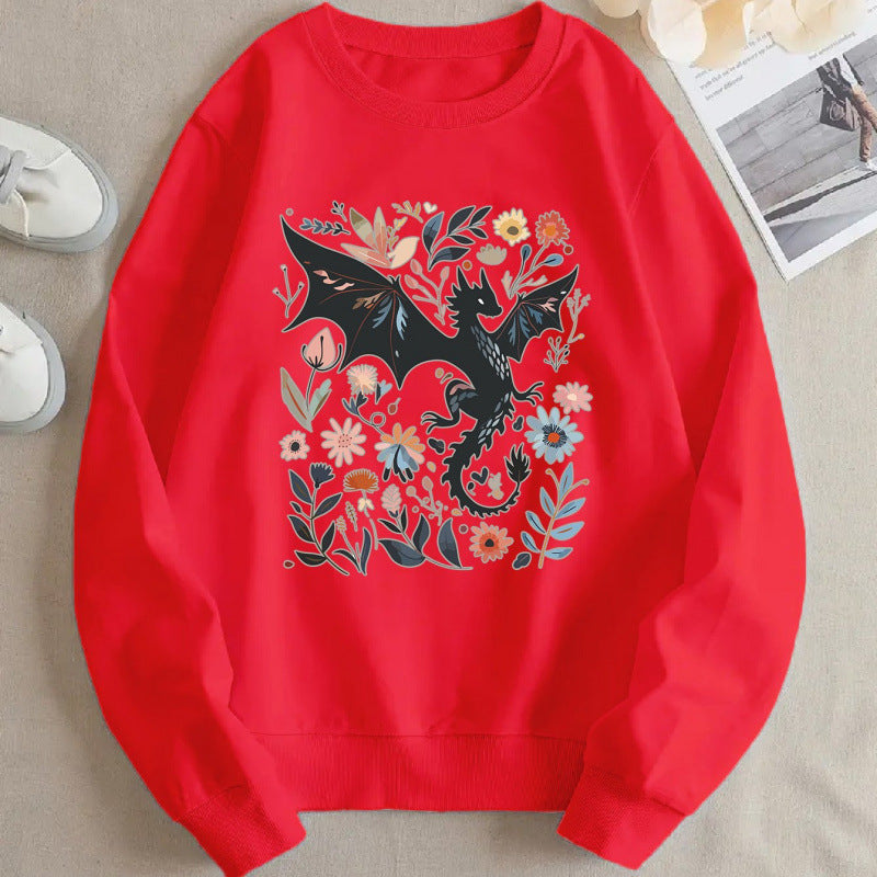 Damen Sweatshirt mit detailliertem Drachen- und Blumenmotiv