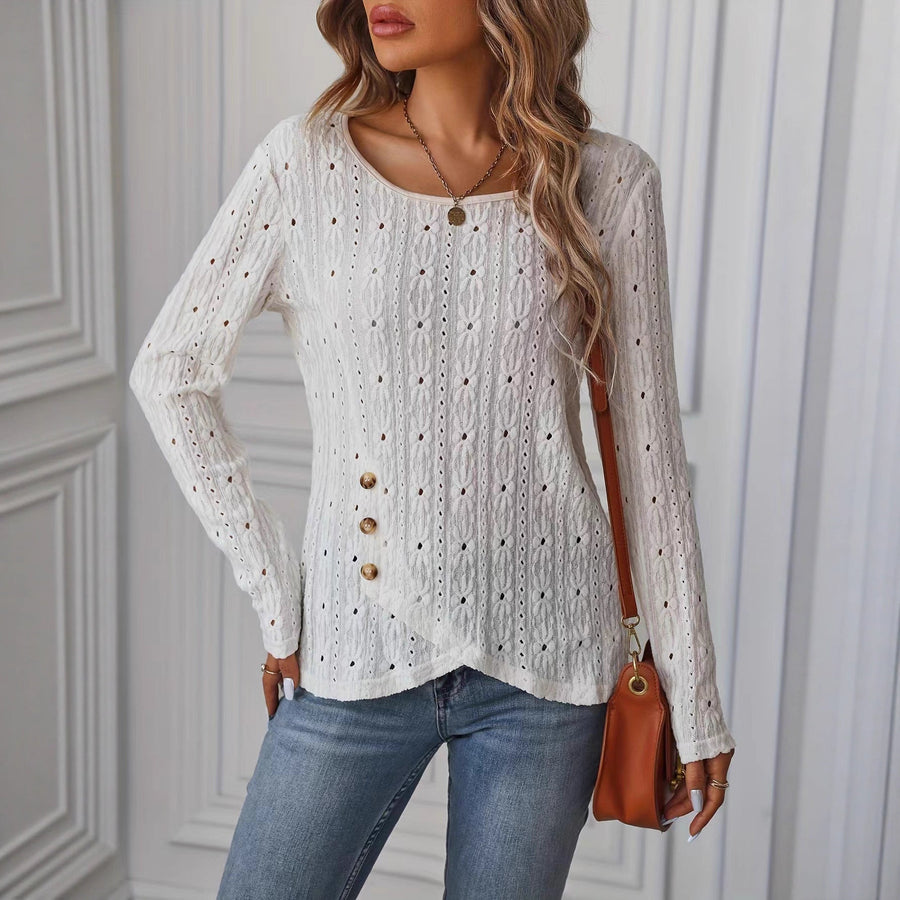 Damen Langarmshirt mit dekorativen Knöpfen und Struktur