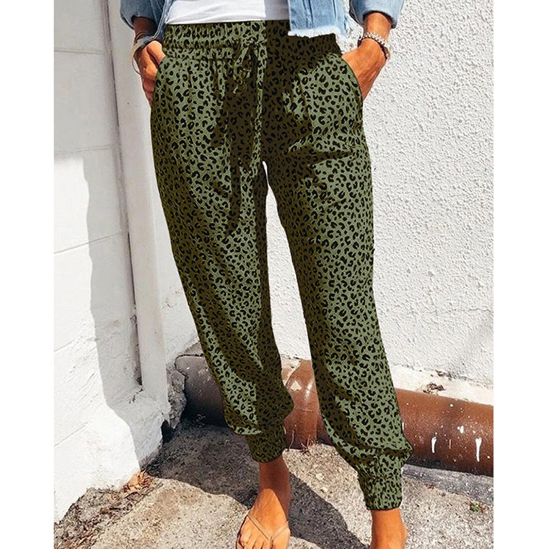 Damen nan lässige Leoparden-Print Jogginghose mit Tunnelzug, Eingrifftaschen und elastischen Bündchen Drune
