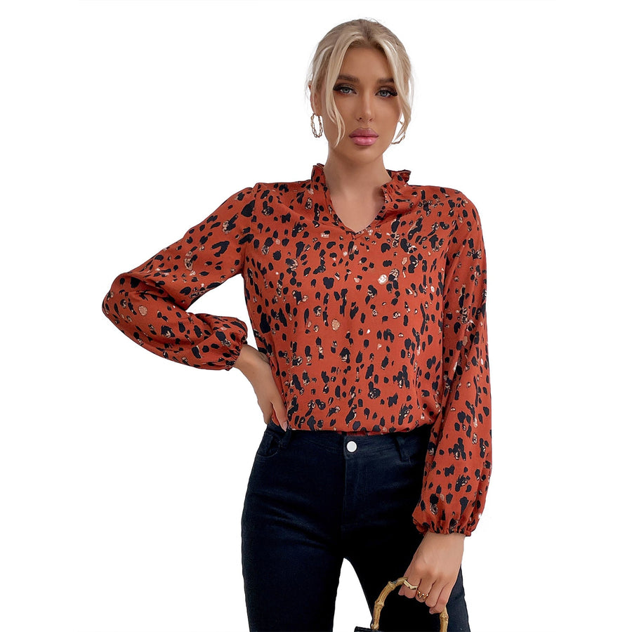 Damen Bluse mit floralem Leopardenmuster und voluminösen Ärmeln