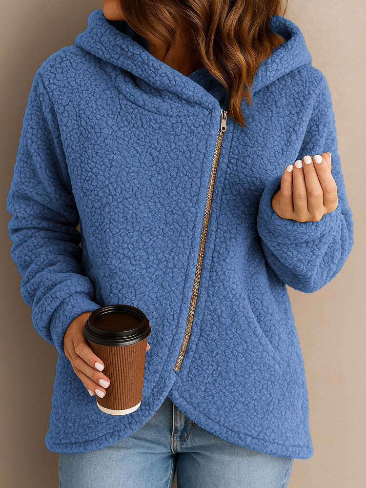 Damen Fleecejacke mit asymmetrischem Reißverschluss und Kapuze