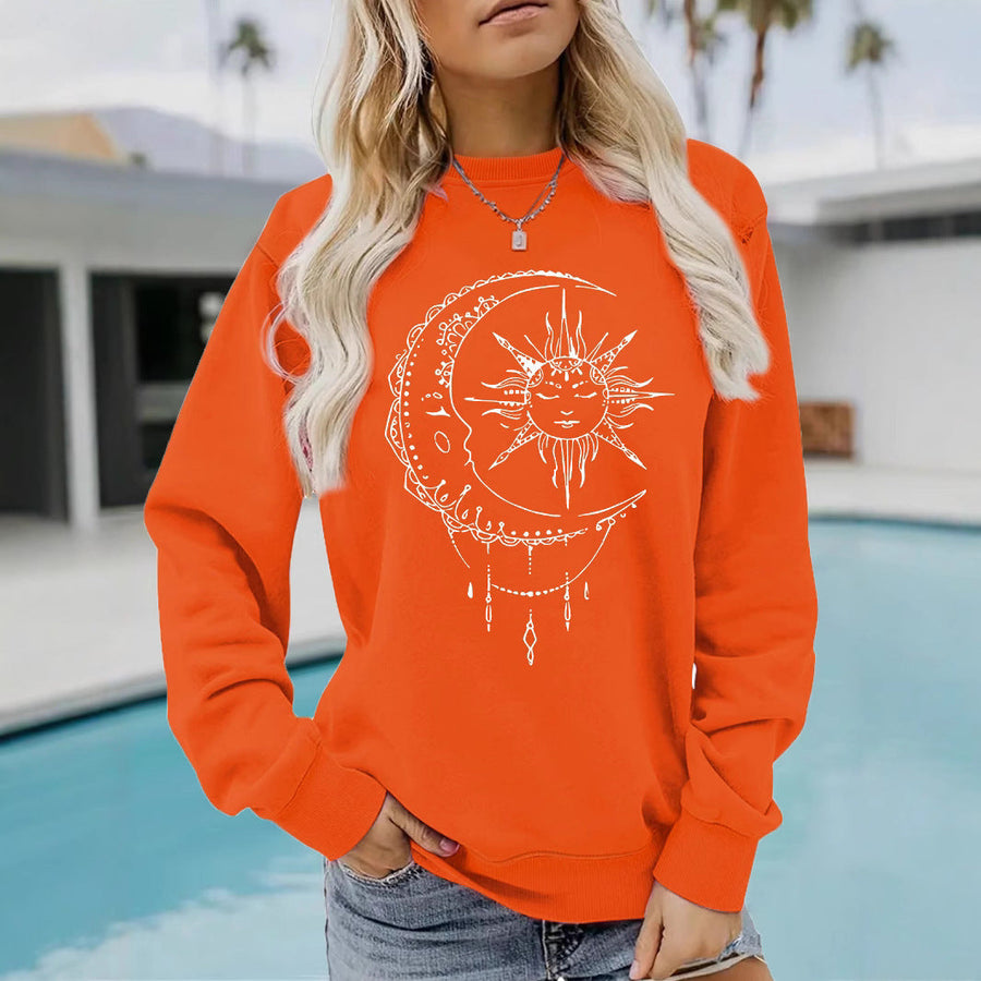 Damen Sweatshirt mit künstlerischem Sonnen- und Mondmotiv