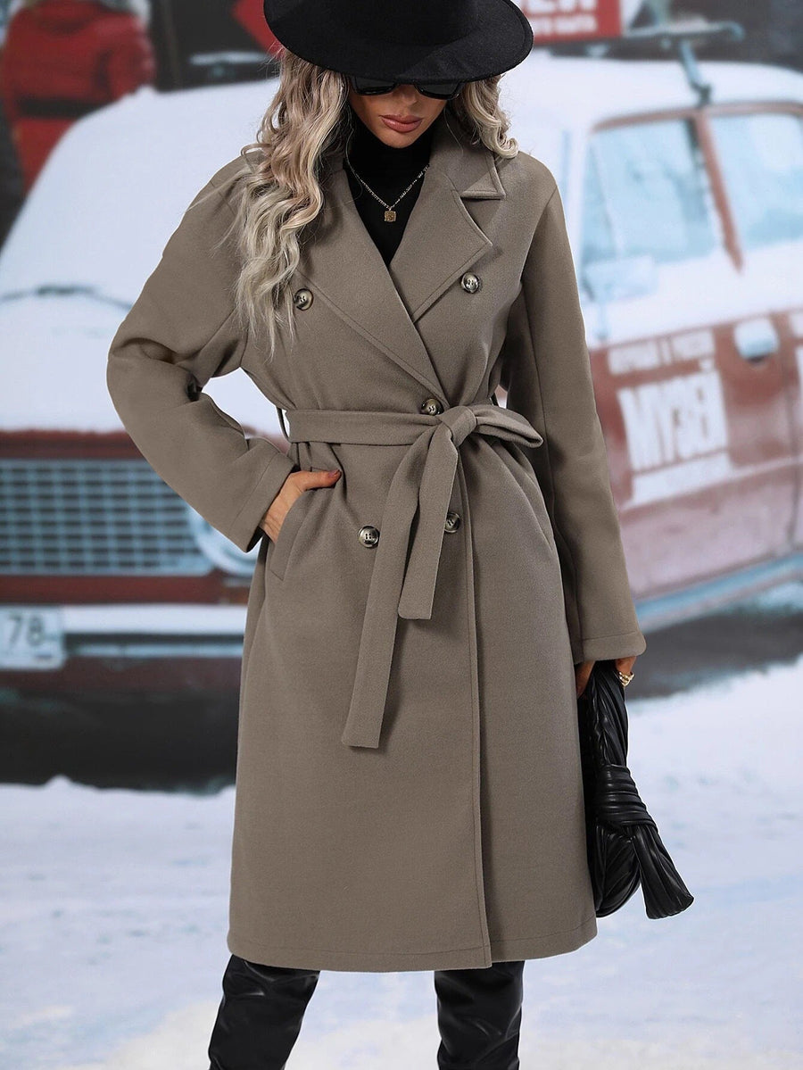 Damen eleganter Oversized-Mantel mit doppelter Knopfleiste und schickem Gürtel