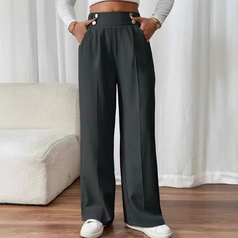 Damen elegante Hochbundhose mit seitlichen Knopfdetails und weitem Bein