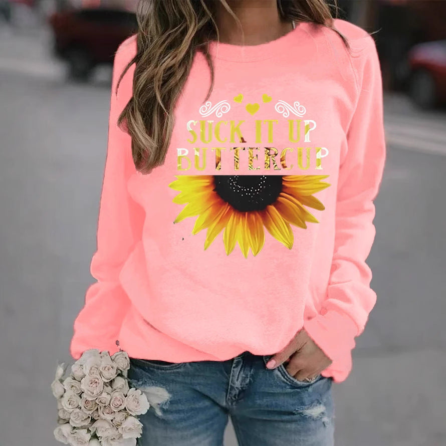 Damen Sweatshirt mit kreativem Sonnenblumenaufdruck und motivierendem Spruch