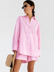 Damen Baumwollset mit Oversized-Bluse und lockerer Hose