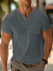 Herren Freizeit T-Shirt mit modernem Henley-Ausschnitt und praktischer Brusttasche Heidi-Mode
