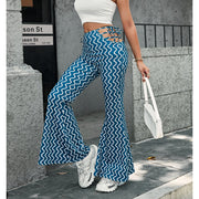 Damen High-Waist Schlaghose mit dekorativen Schnürdetails und Wellenmuster