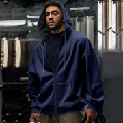 Herren nan oversized Zip-Hoodie mit durchgehendem Reißverschluss, Kängurutasche und gerippten Bündchen Drune