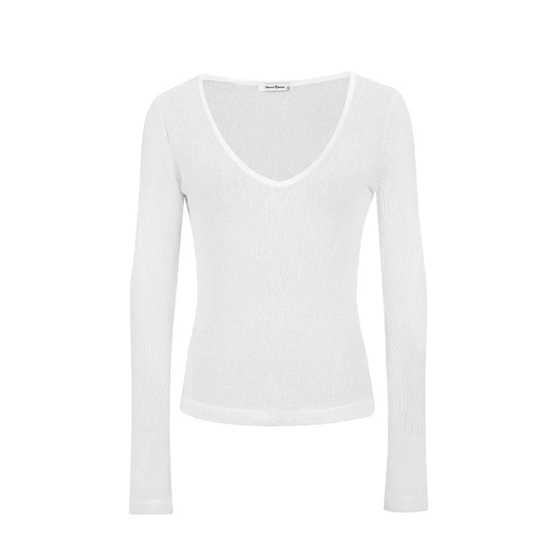 Leichtes Damen Langarm T-Shirt mit V-Ausschnitt und integrierten Cups