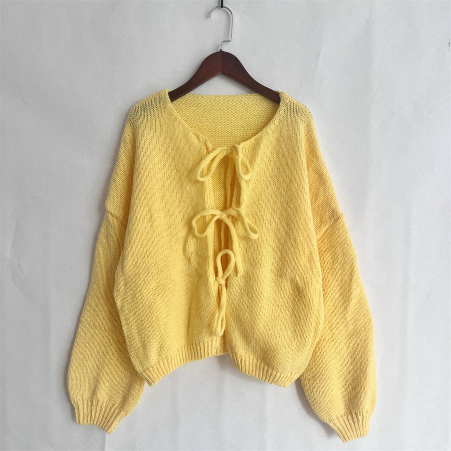 Einfarbiger Rundhals-Lace-Up-Cardigan