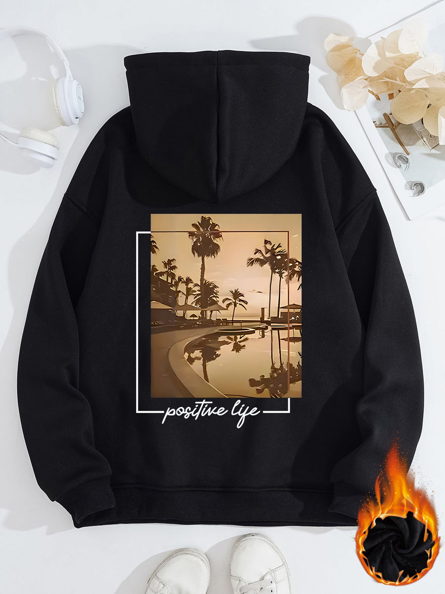Damen Kapuzenpullover mit urbanem Palmenmotiv und positivem Schriftzug