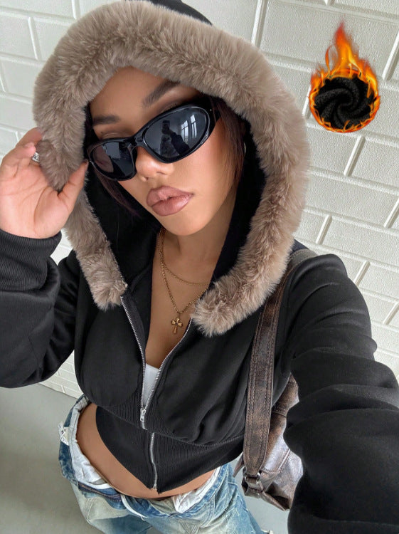 Damen cropped Hoodie mit luxuriösem Fellbesatz