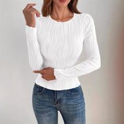 Damen nan figurbetontes Rippstrick-Longsleeve mit Wellendetail und Rundhalsausschnitt Drune