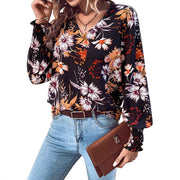 Damen Bluse mit floralem Muster und elastischen Rüschendetails